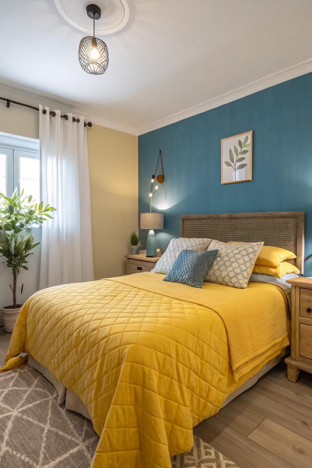 A serene bedroom featuring an azure feature wall and gold bedding, promoting a calming environment.
