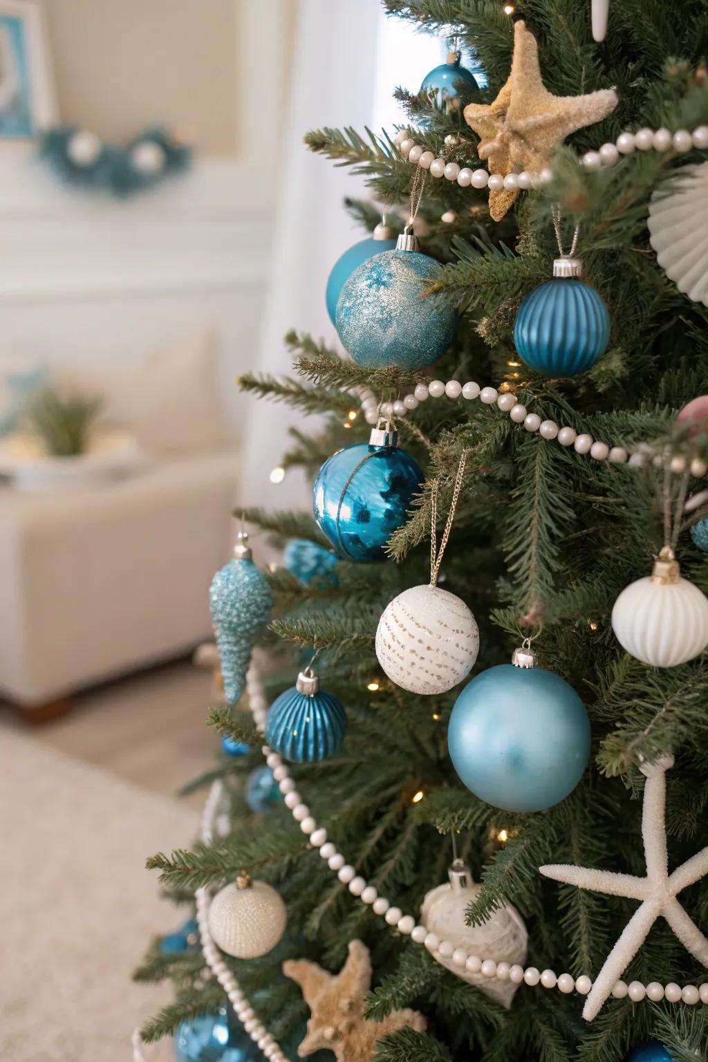 A serene coastal blue dream Christmas tree adorned with seaside elements.