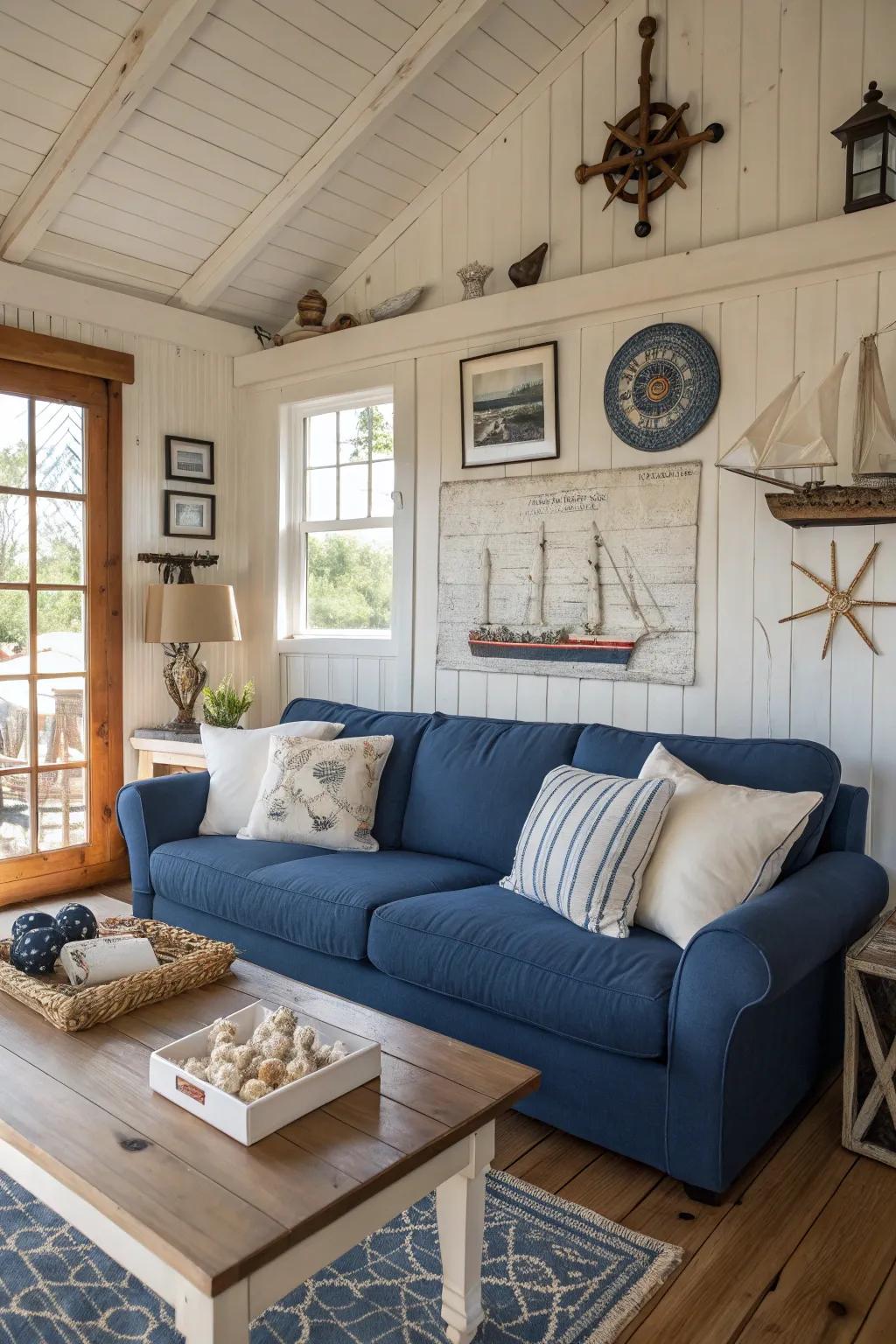 Construct a beach-inspired living area featuring a cerulean sofa and seaside embellishments.