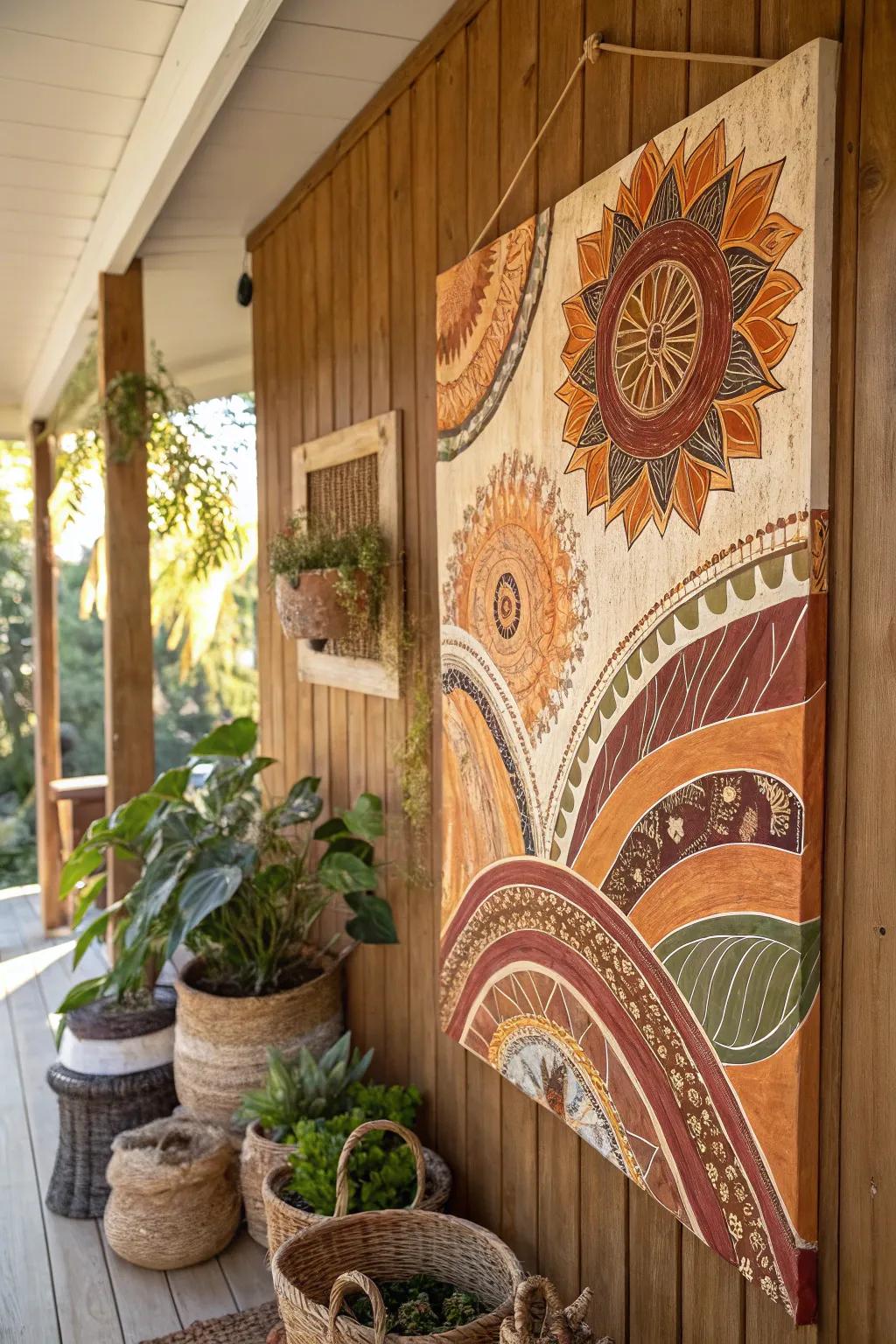 A boho painting that employs earthy hues to create warmth and comfort in any room.