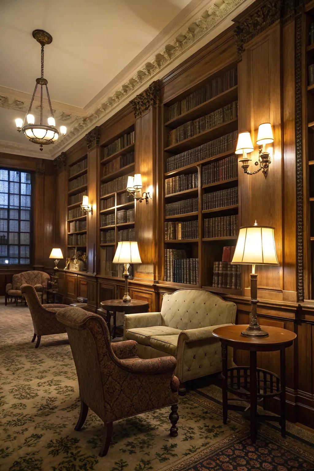Soft lighting elevates the cozy ambiance of this reading area.