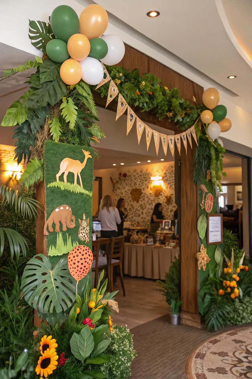 Safari-themed baby shower with abundant greenery and playful animal accents