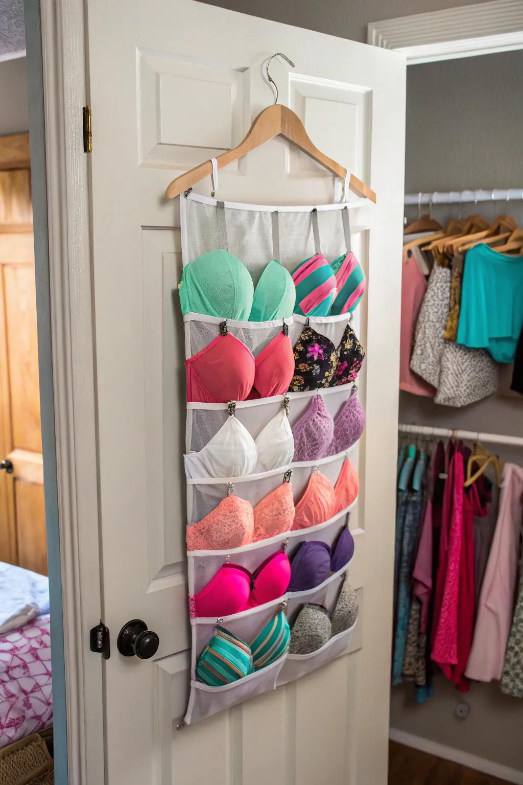 Make use of door space with a convenient pocket organizer for your bras.