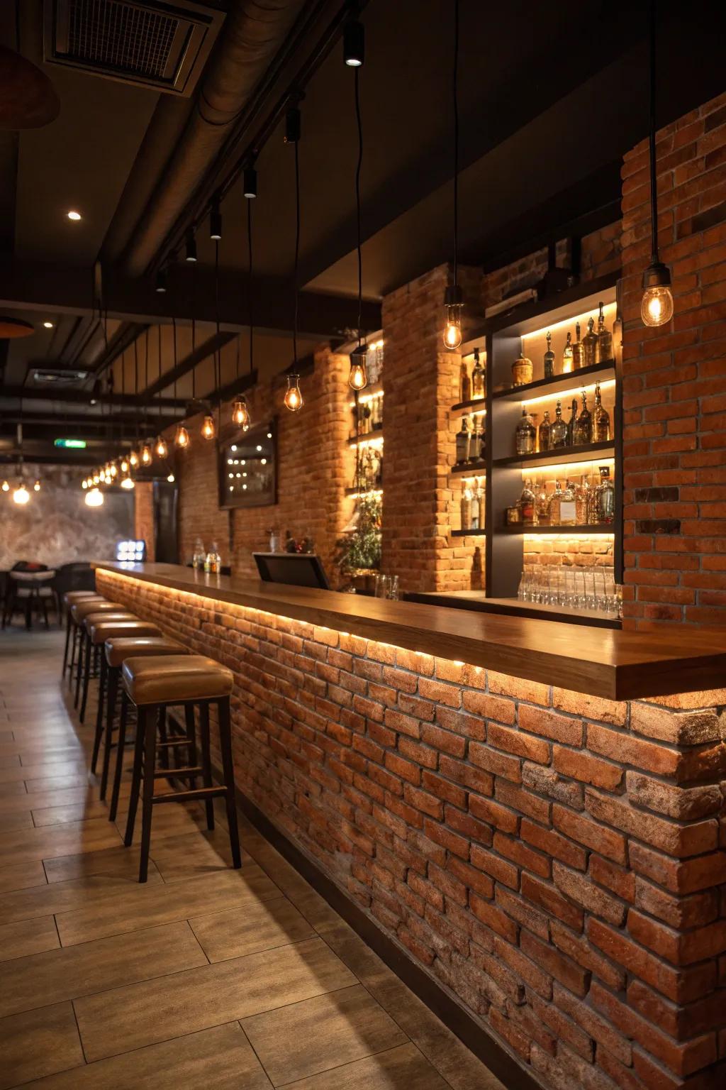 An elegant bar showcasing wood countertops against a backdrop of classic brick.
