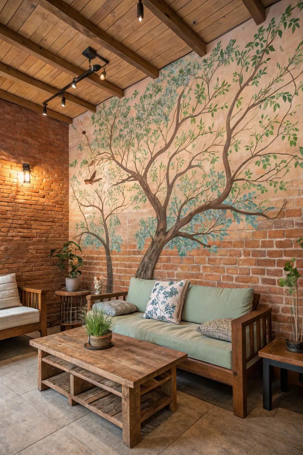 A mural inspired by nature delivers peace to a textured brick wall.