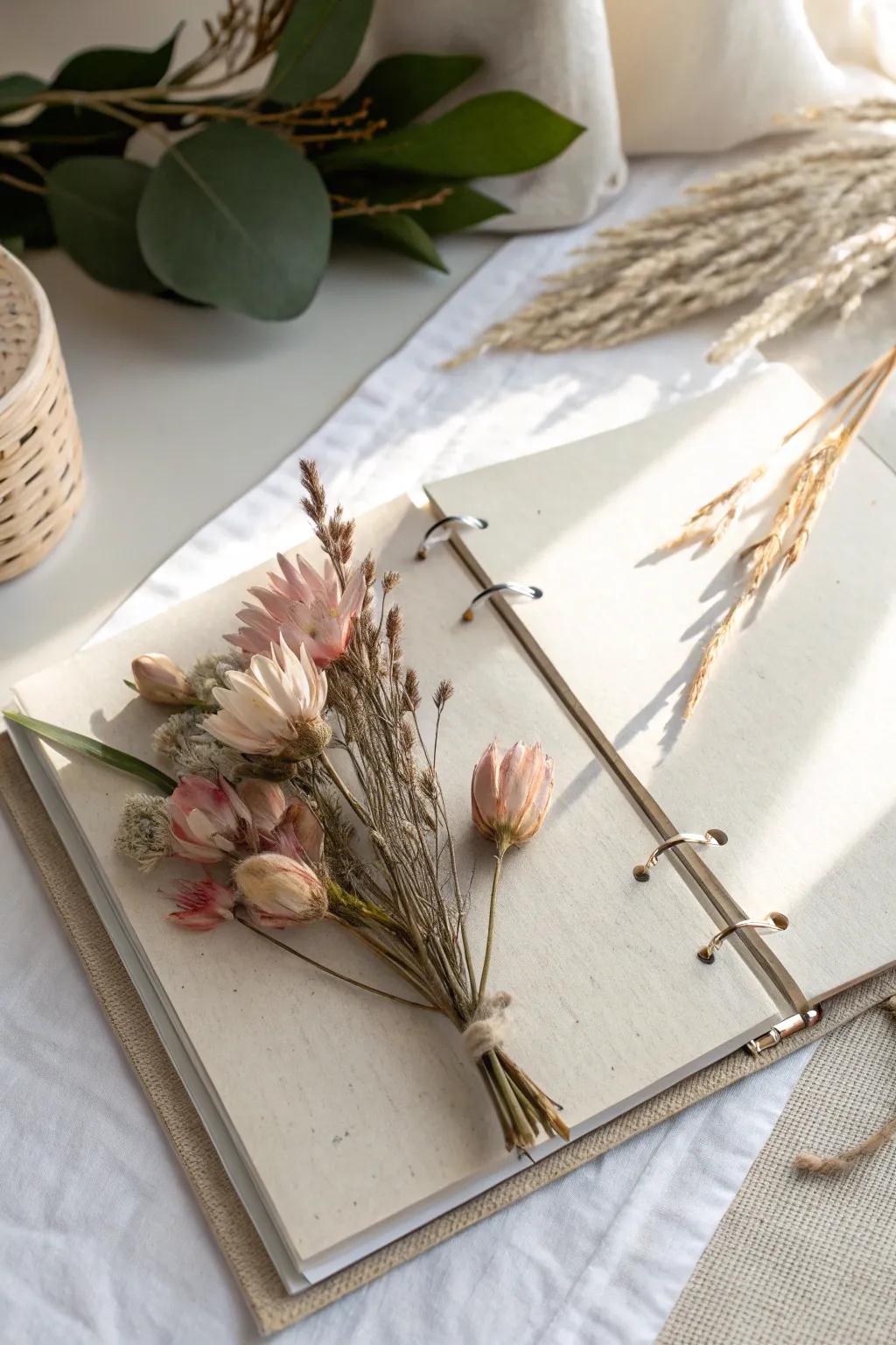 Capture your wedding's spirit with delicate desiccated botanical displays in your scrapbook. 🌸✨ #BridalMemories #MinimalistBeauty