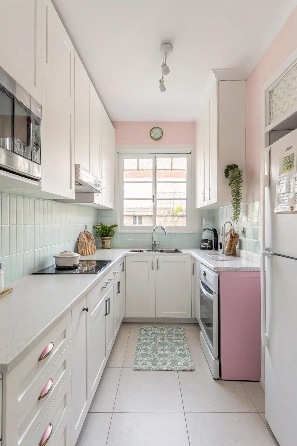 Subtle tones establish an expansive mood within this small kitchen.