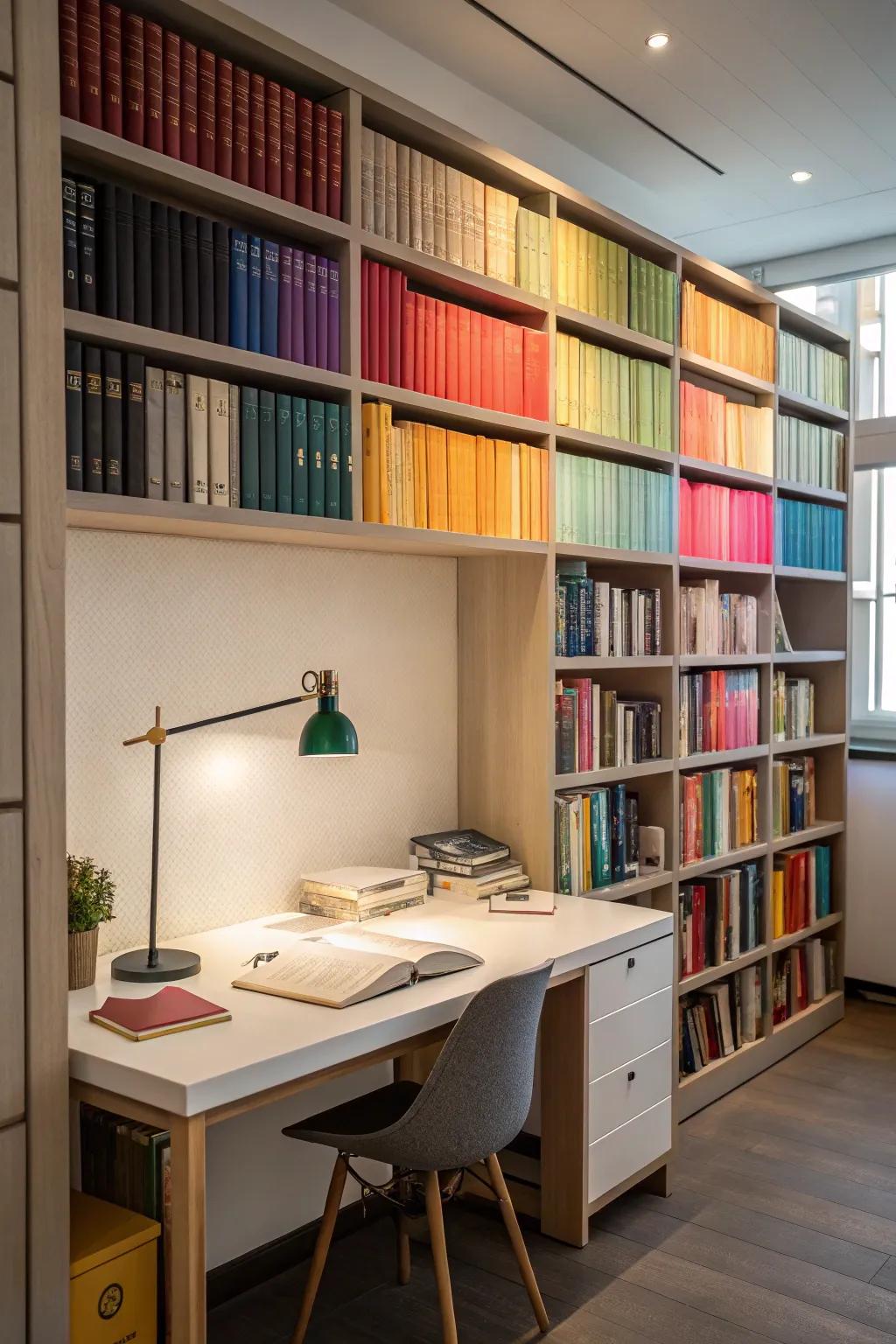 A built-in desk tucked into a stylish wall of books.