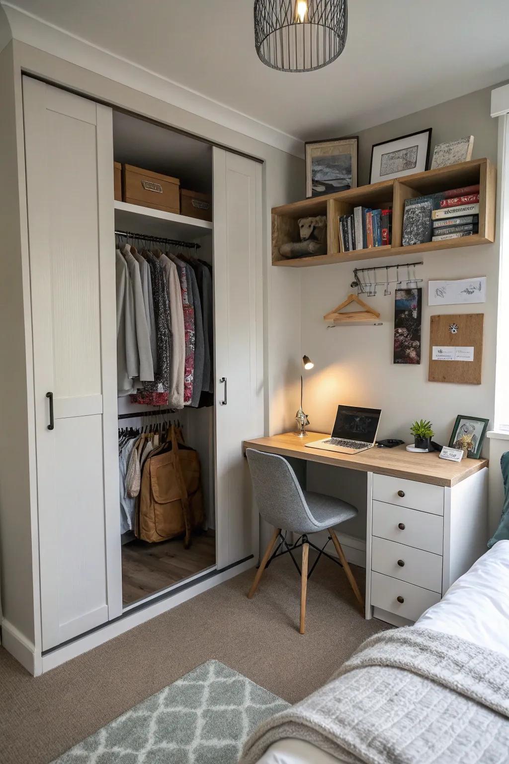 A clever blend of a desk inside a closet for adaptable space utilization.