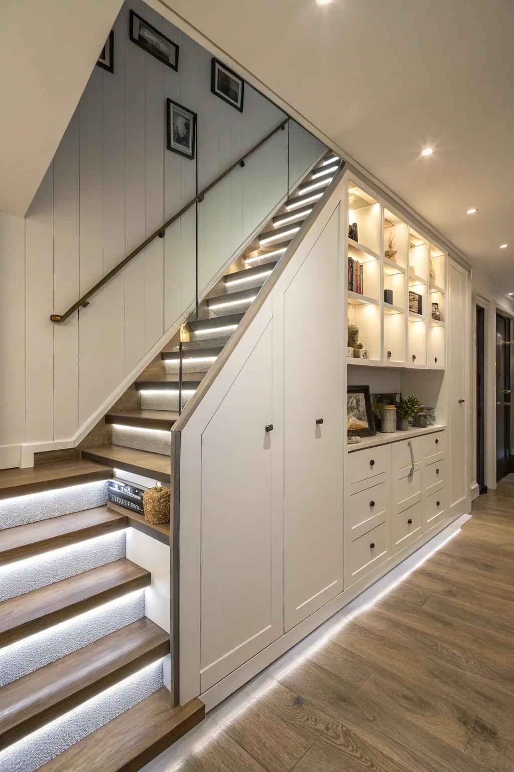 Smart storage integrated into stair bulkheads.