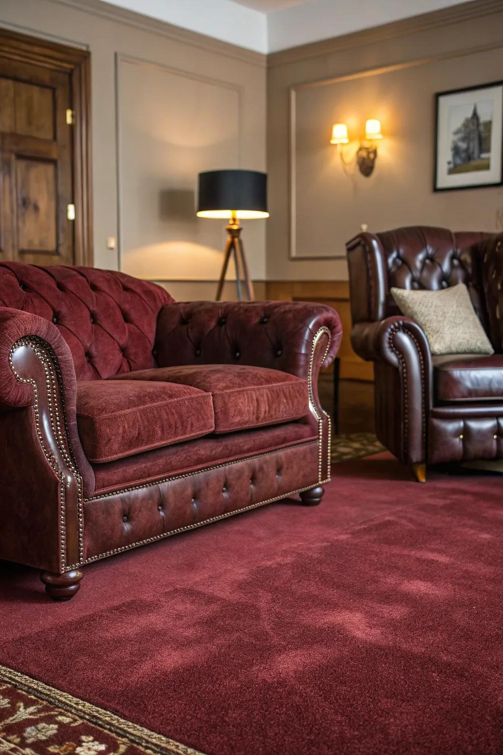 A fusion of textures through silk and tanned leather complements the opulent scarlet floor covering.