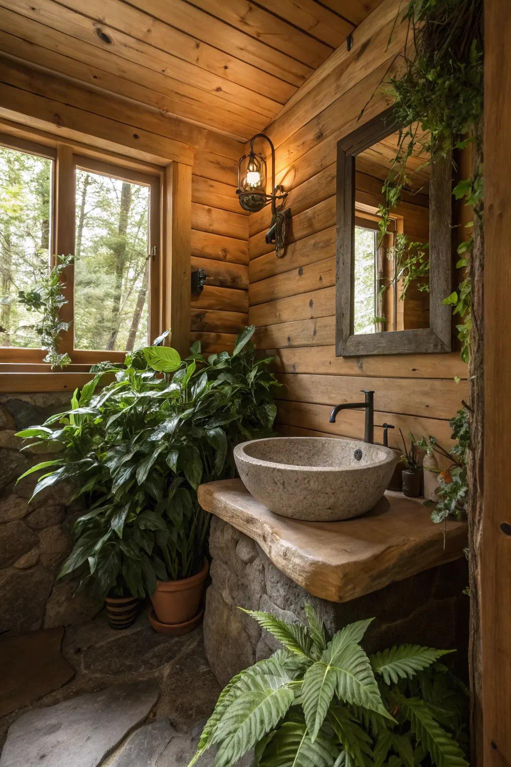 A log cabin washroom showcasing greenery and a stone container for a natural impression.