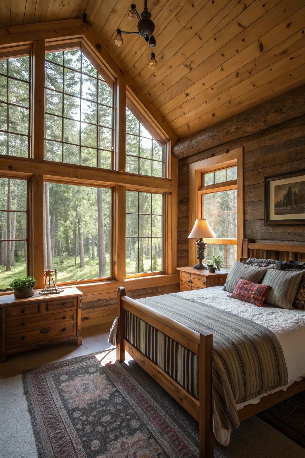 A cabin bedroom furnished with expansive windows permitting plentiful sunlight penetration.