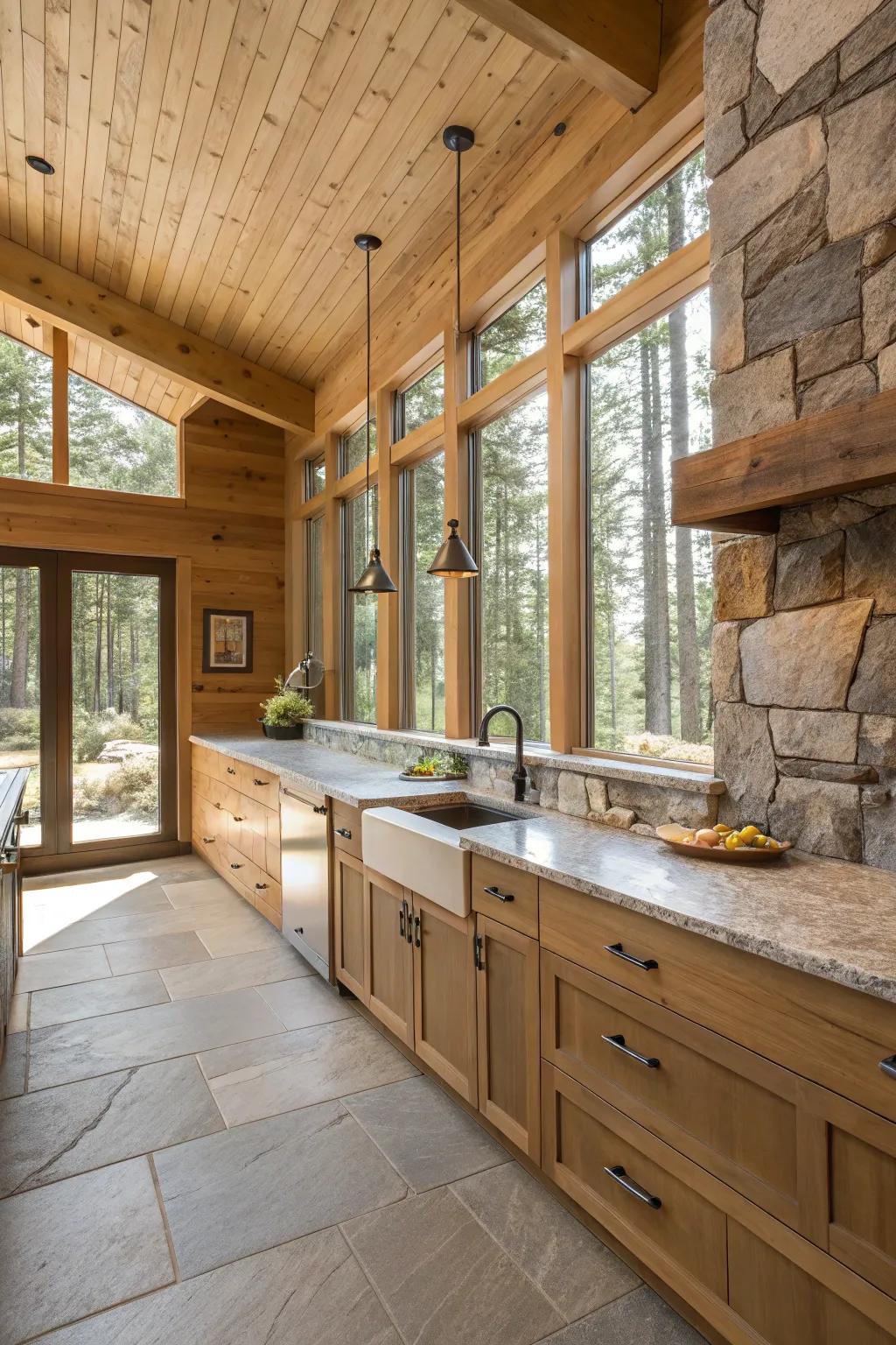 A contemporary kitchen showcases rustic accents, creating the quintessential cabin atmosphere.