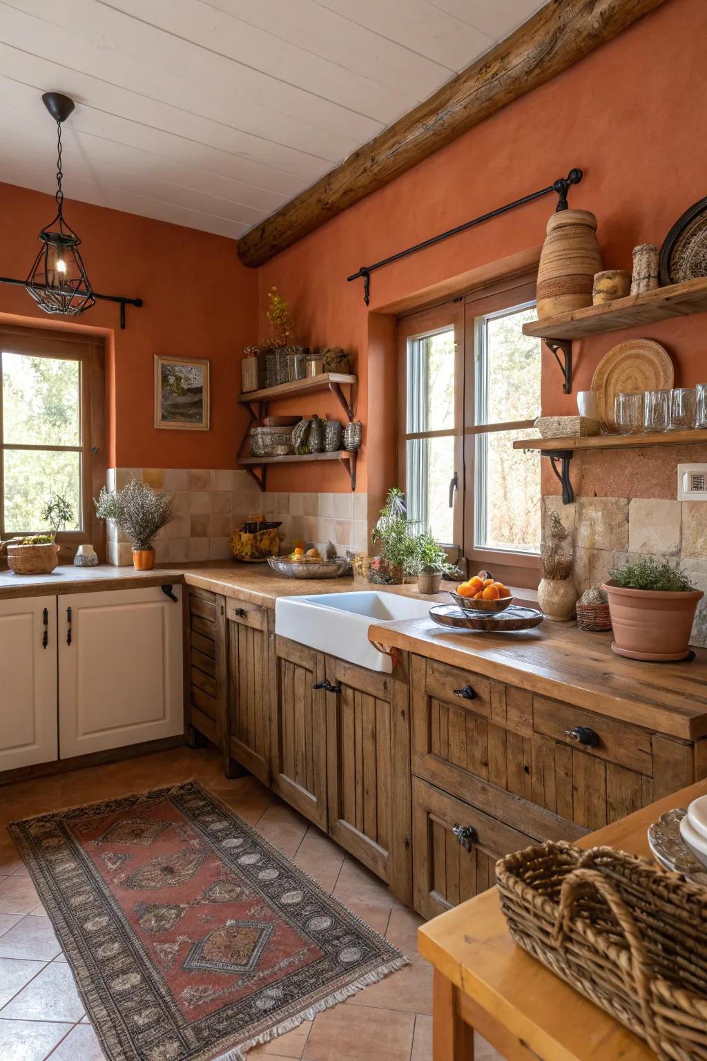 A kitchen featuring toasty terracotta walls that enhance its cozy vibe.