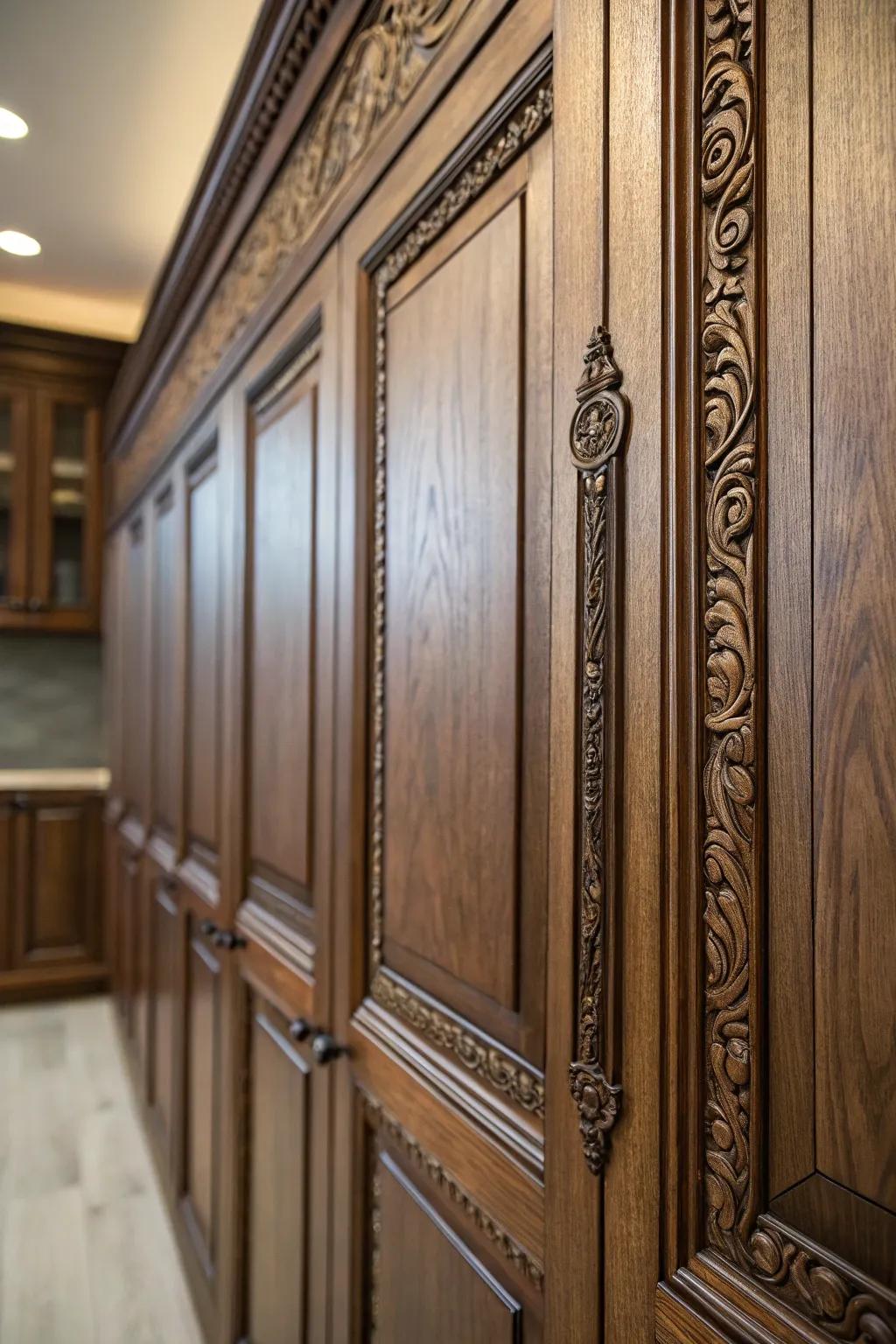 Wooden edging accentuates the elegance of these cabinet doors.