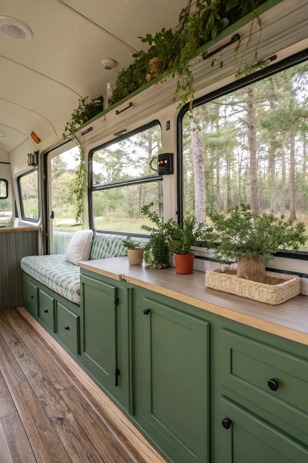 Green cabinets create a peaceful connection to the natural world.