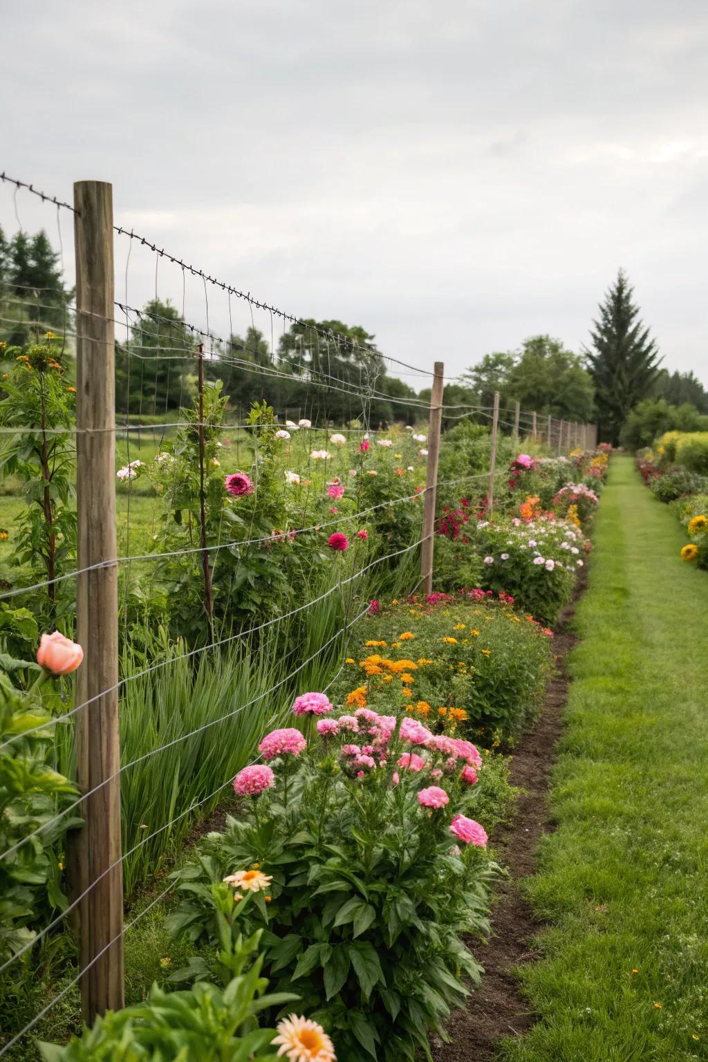 Cable fence enhancing a vibrant garden