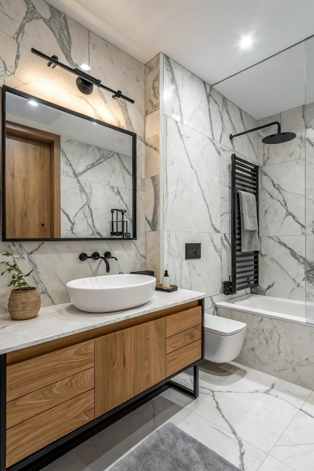 A fashionable bathroom design harmonizing Luminous Argento marble with contemporary materials.