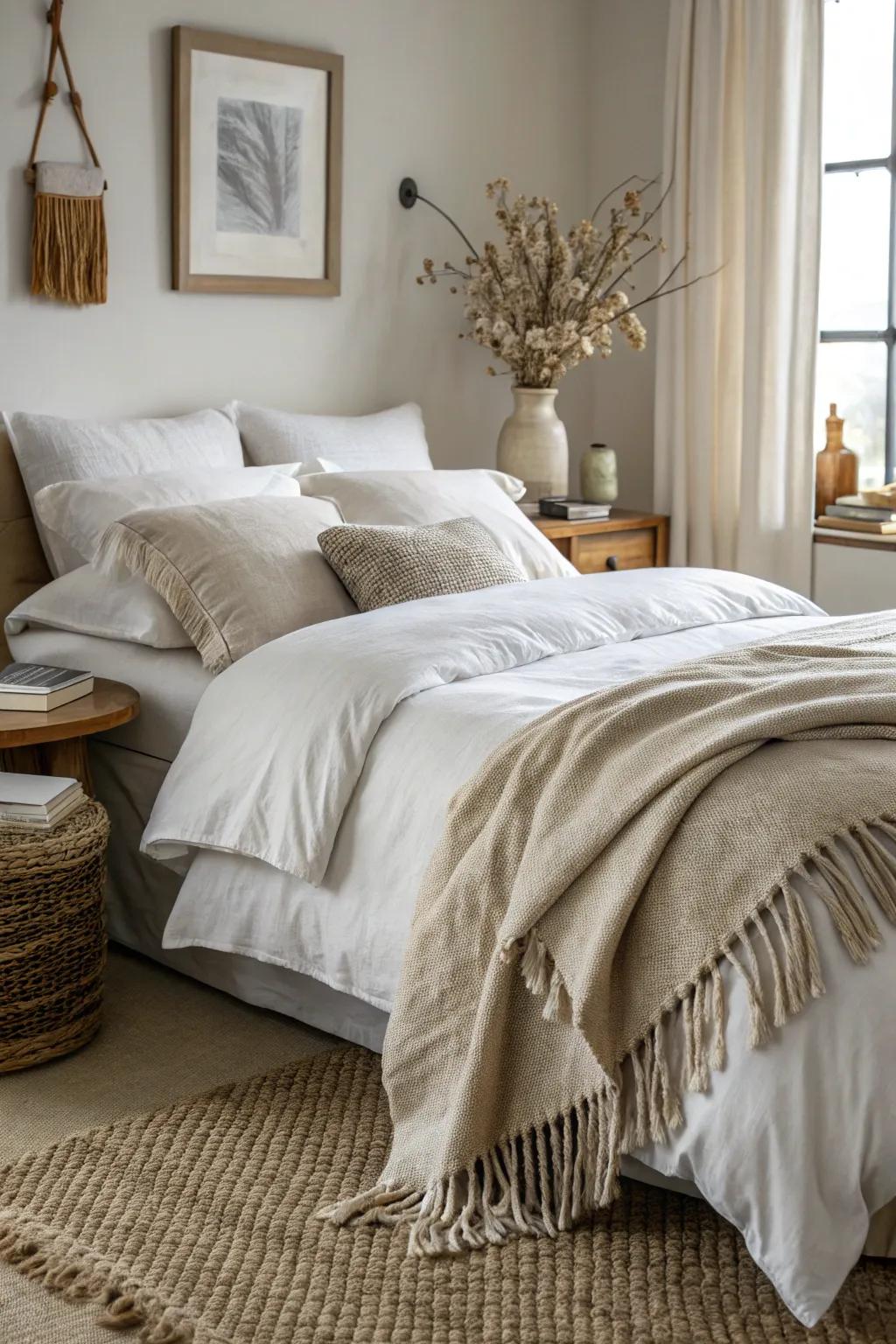 This bedroom features various layers of textiles, including a linen duvet, cotton sheets, and a cozy wool throw.
