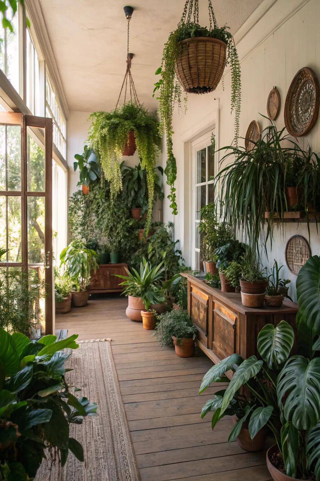 Dense verdant life in a California room evokes a tranquil vibe.