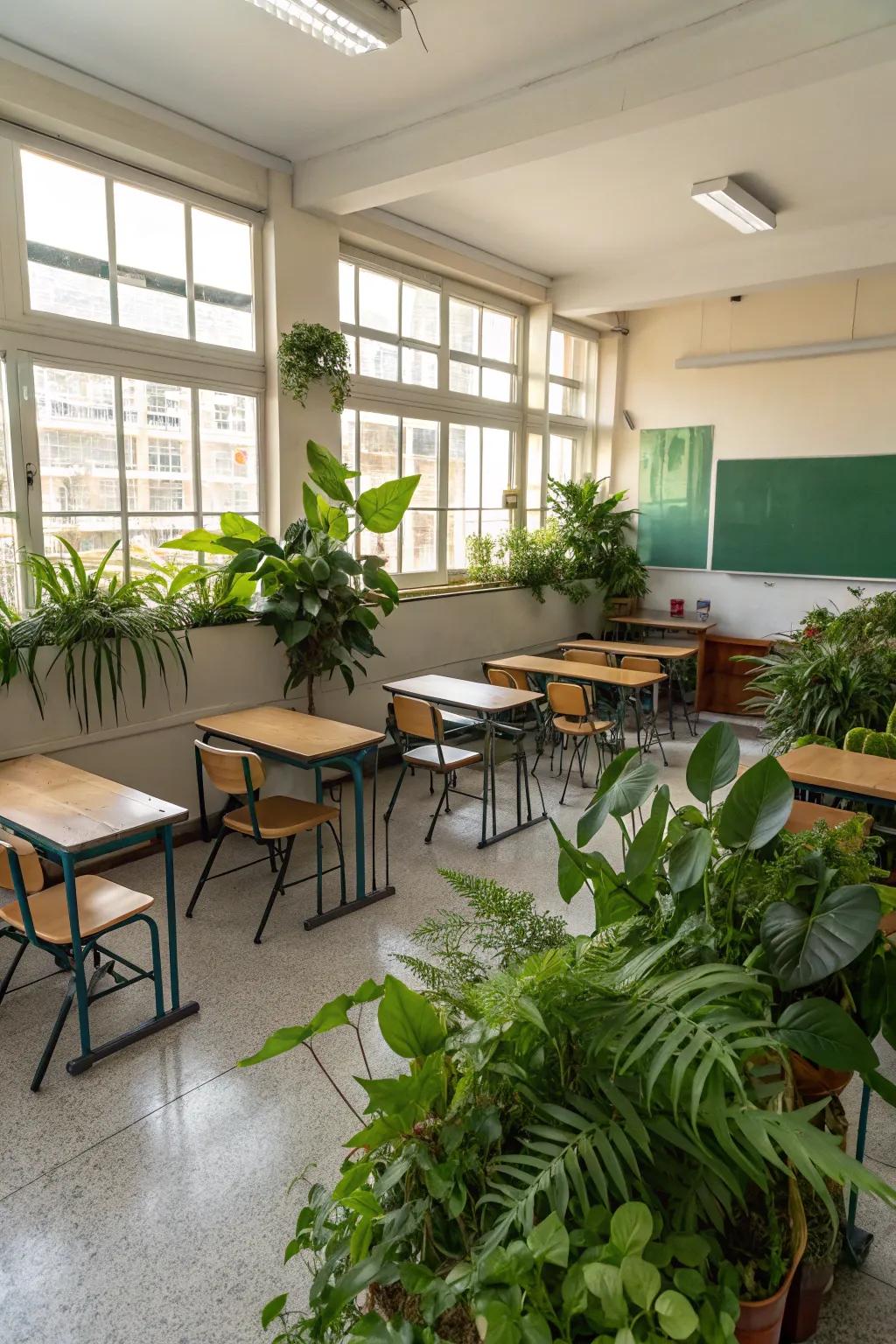 Natural elements like plants add a comforting touch to the classroom.