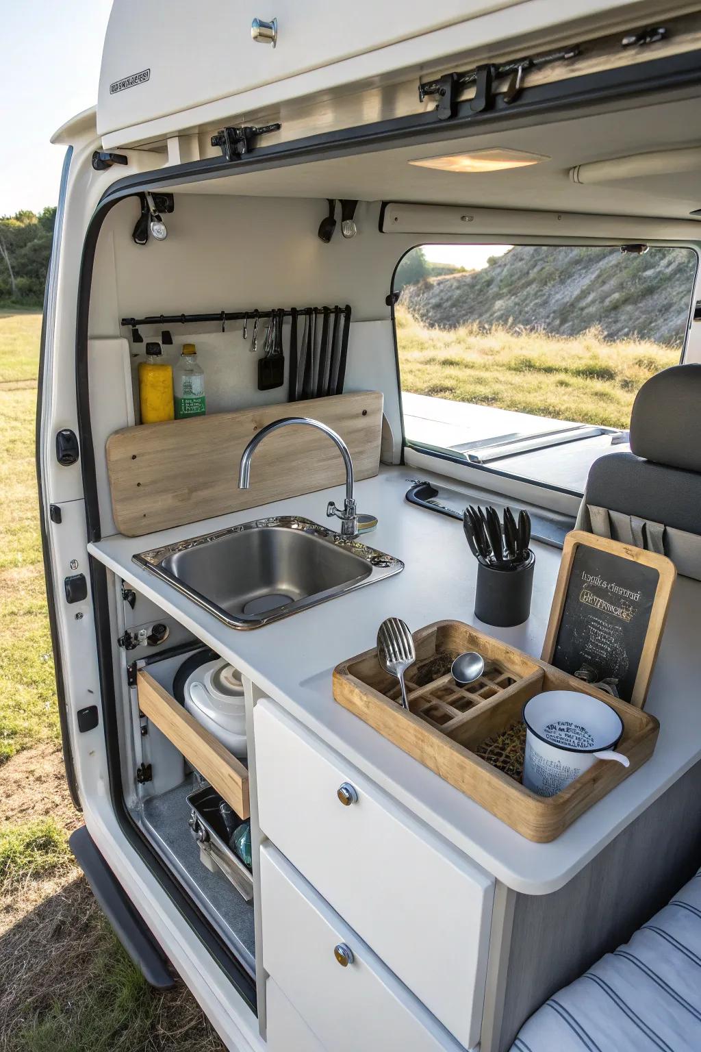 A well-organized small kitchen in a camper shell.