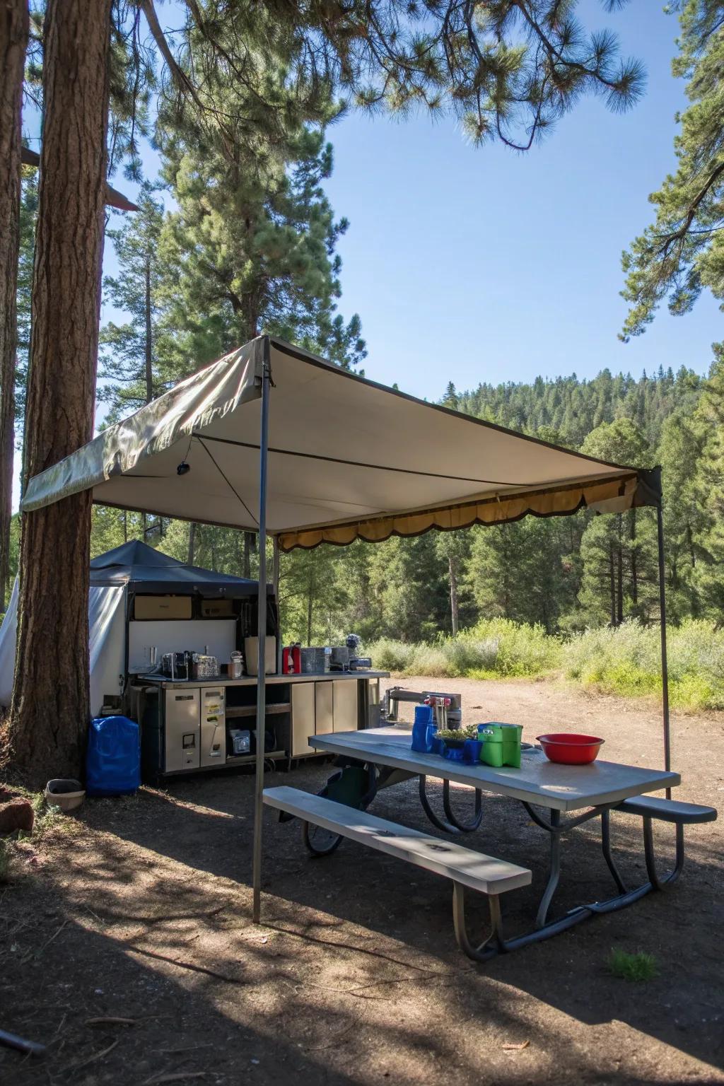An essential camping kitchen cover is provided by a tarp.