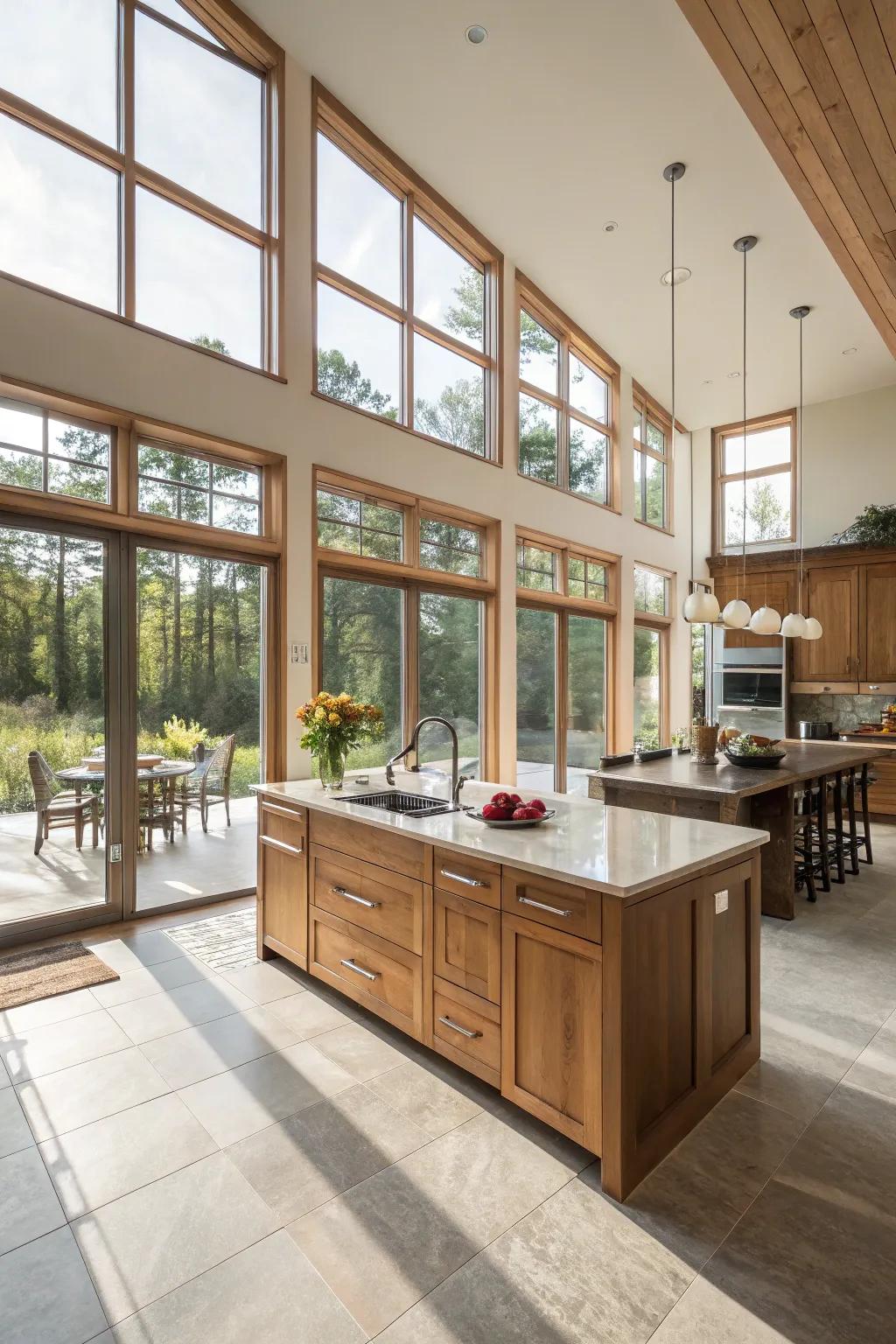 Open spaces and large windows for an airy kitchen environment.