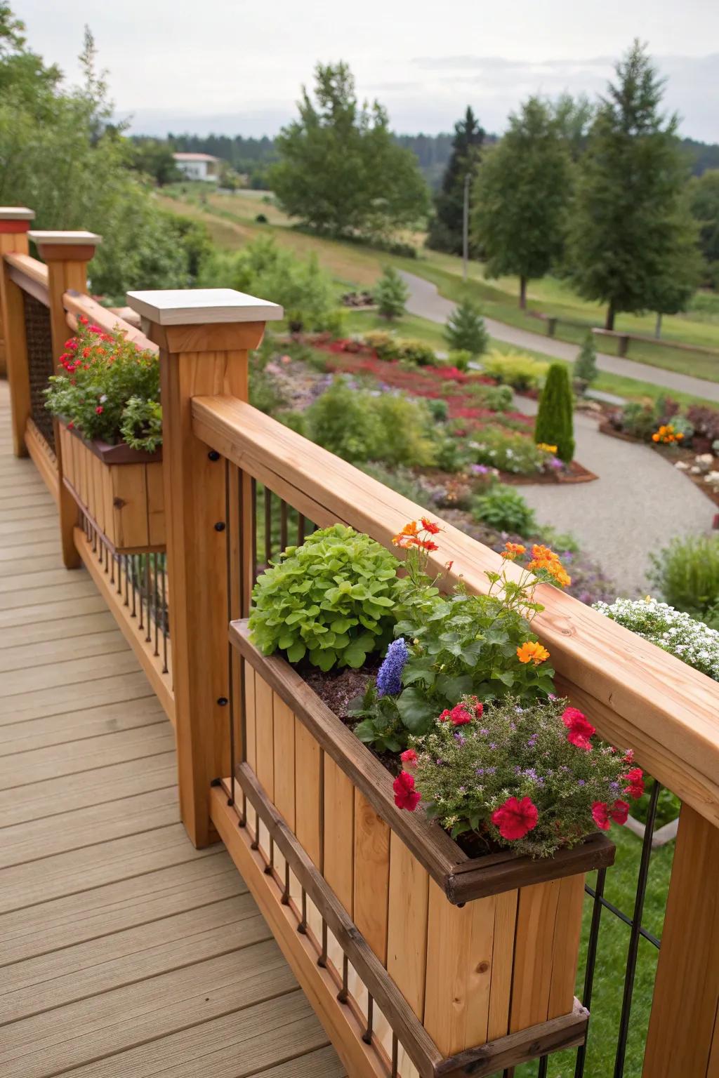 Enhance your deck using integrated flowerpots.