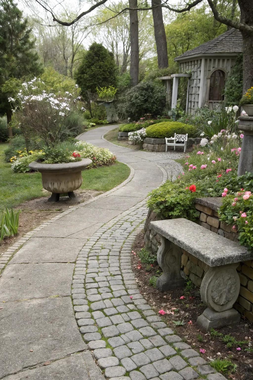 A concrete walkway showcasing a vintage cobblestone pattern for everlasting charm.