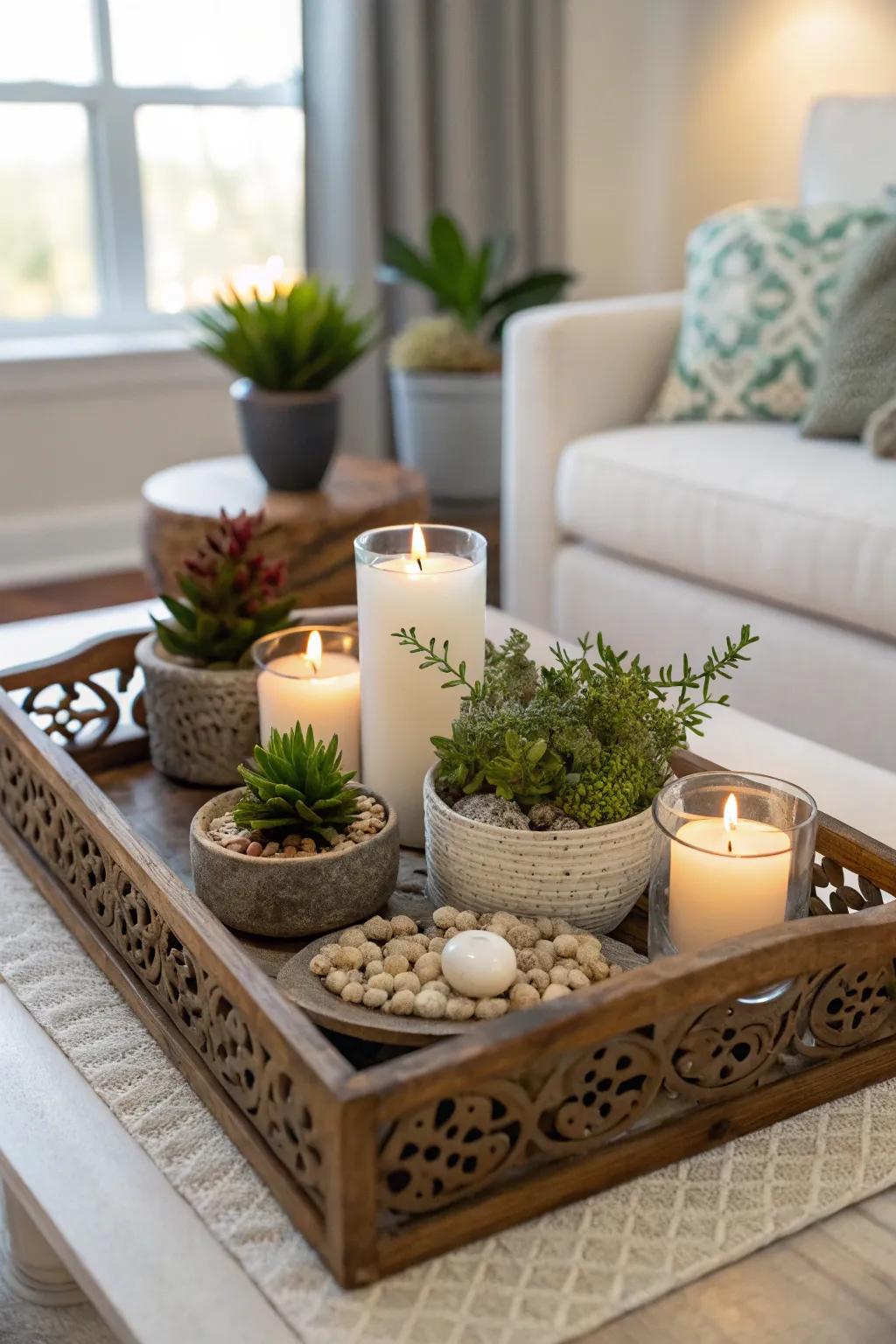 A tray stylishly organizes decor elements.
