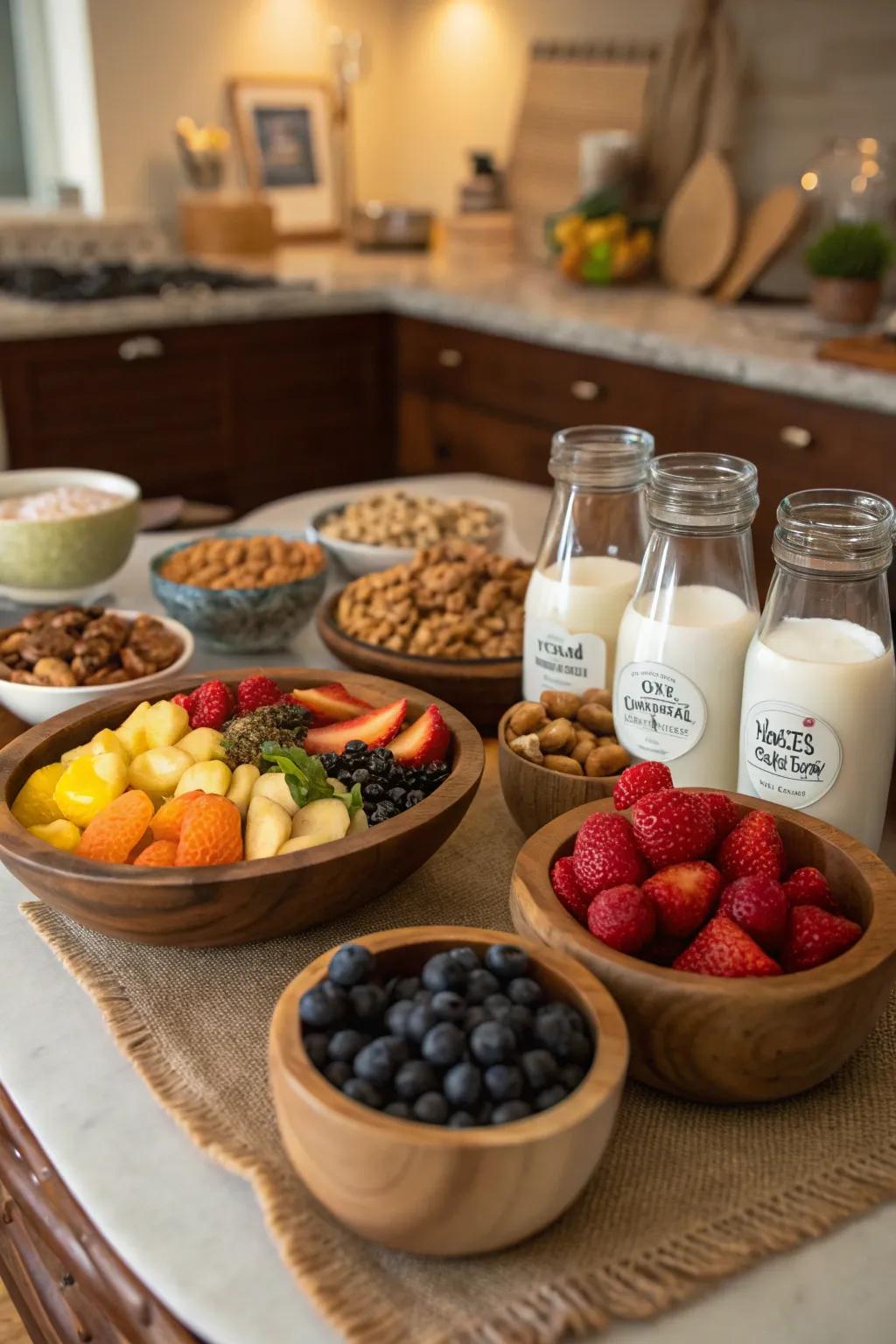 A table presenting dishes of fruits, nuts, and varied flavored dairy alternatives for a grains enhancement station.
