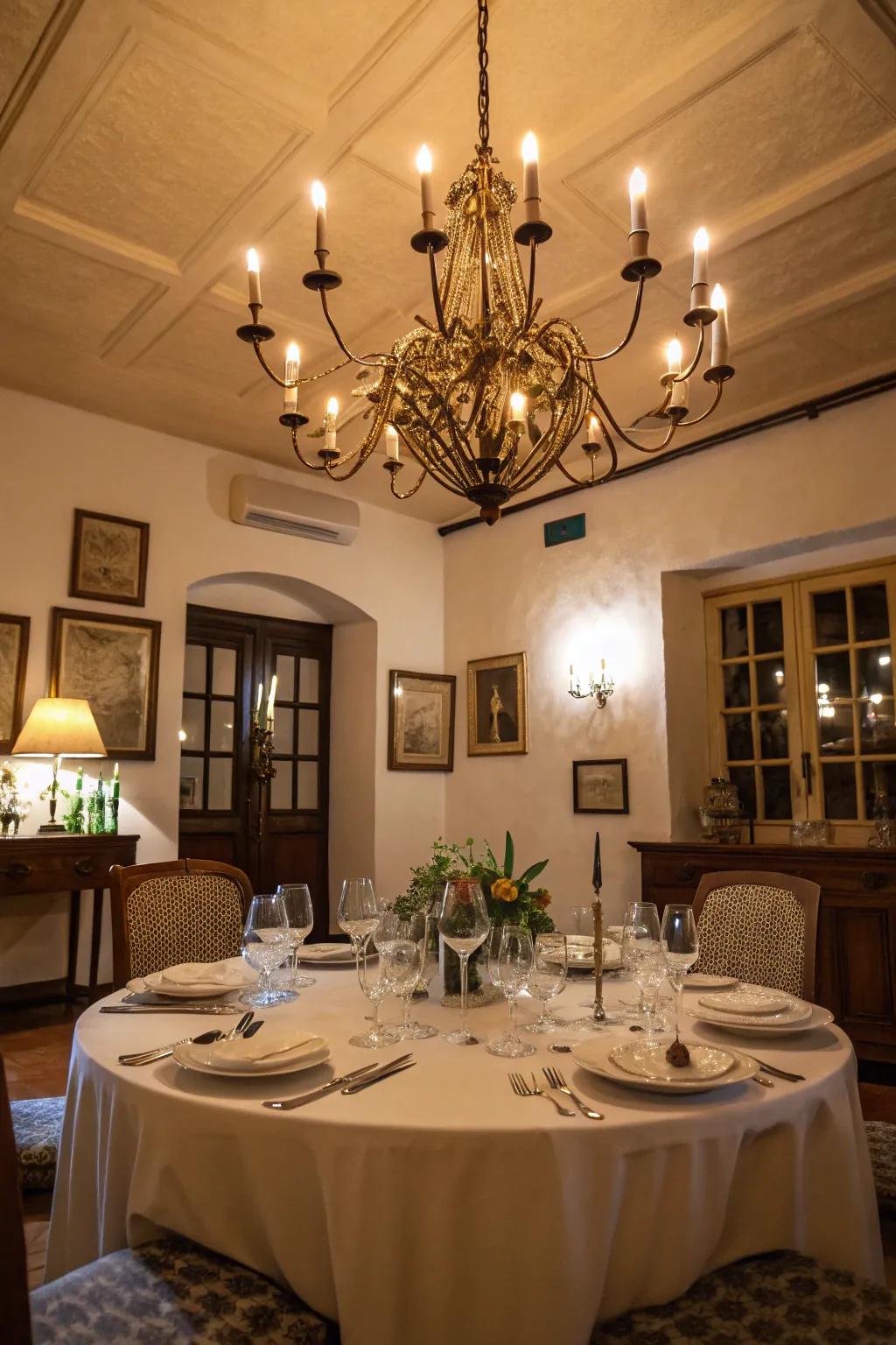 A multi-light chandelier bathes the dining table in a comforting glow.