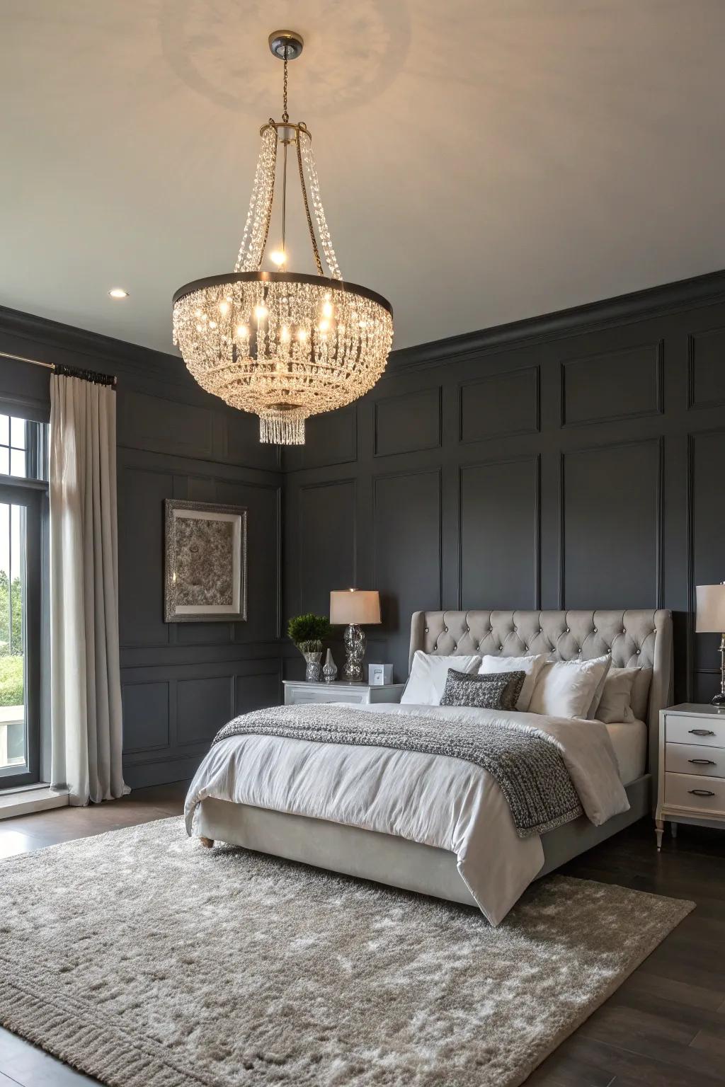 Lighting that boosts the elegance of a deep slate bedroom.