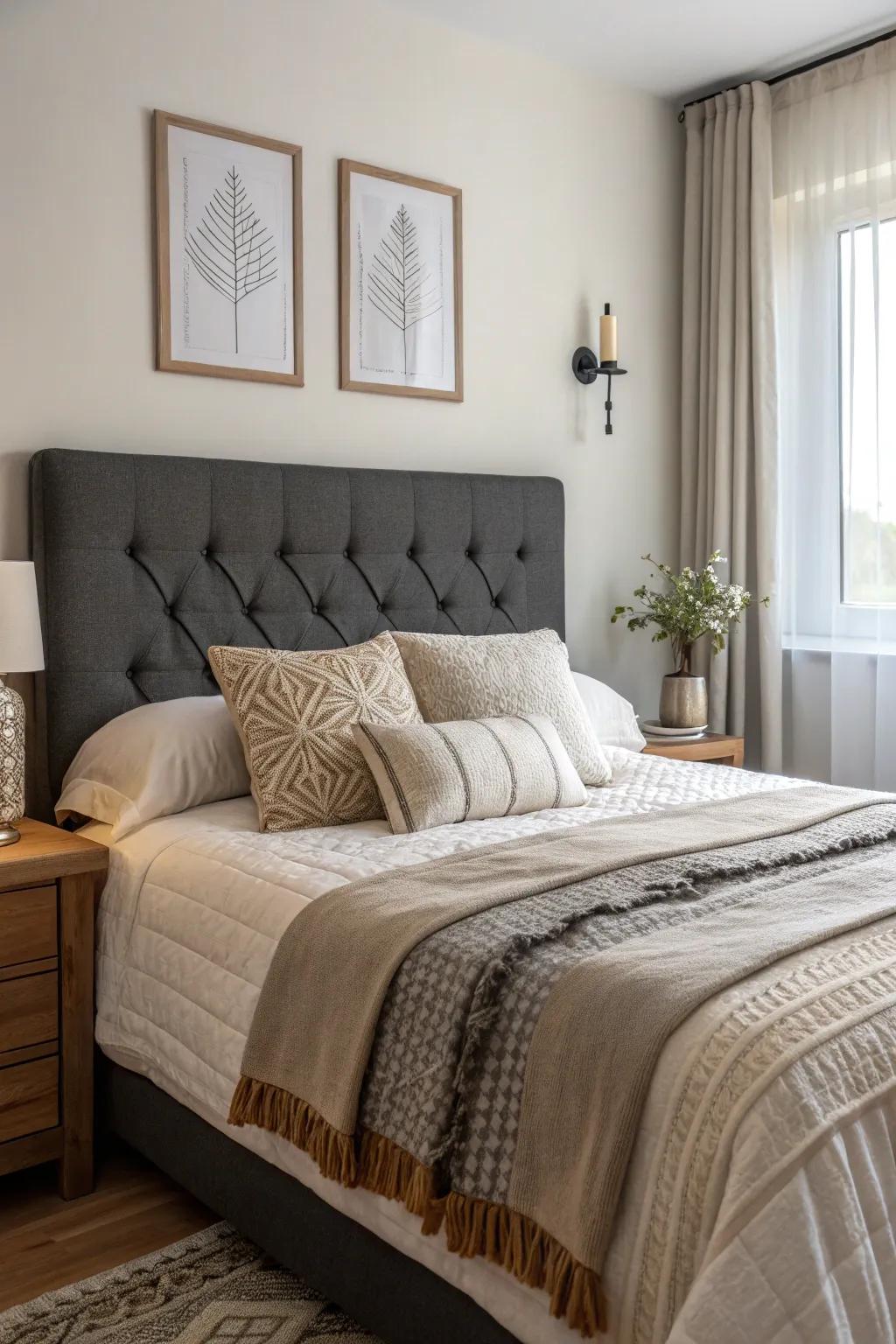 Layered structured bed linens introduce dimension and ease to a dark grey headboard.