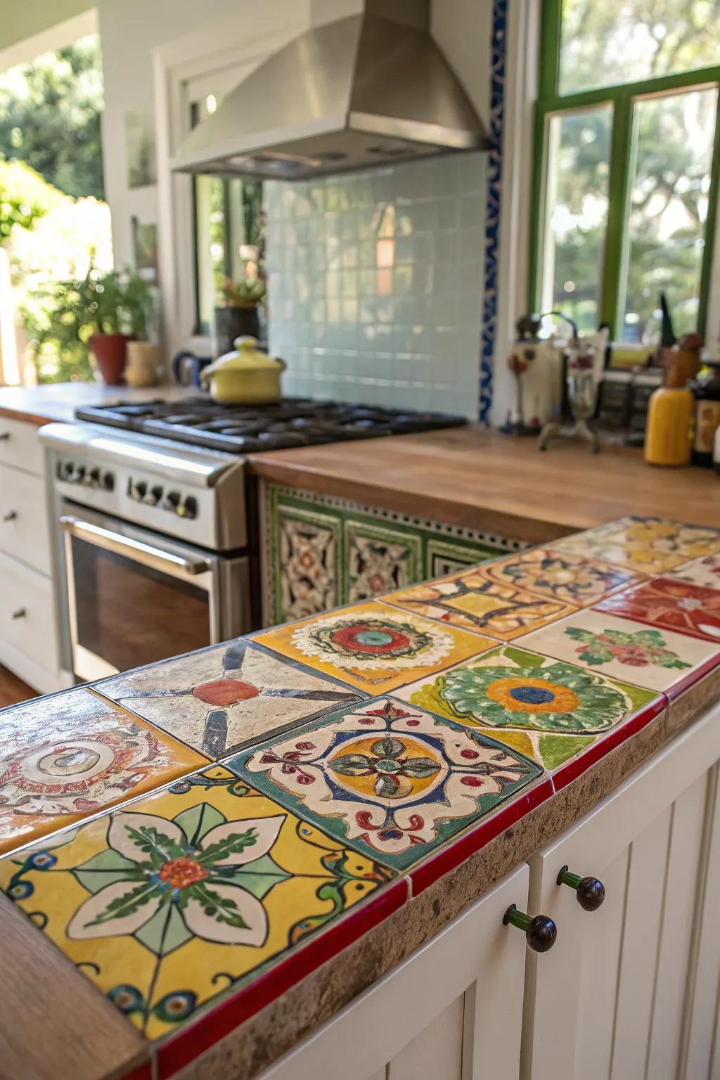 Eye-catching ceramic tile countertops showcasing vibrant patterns.