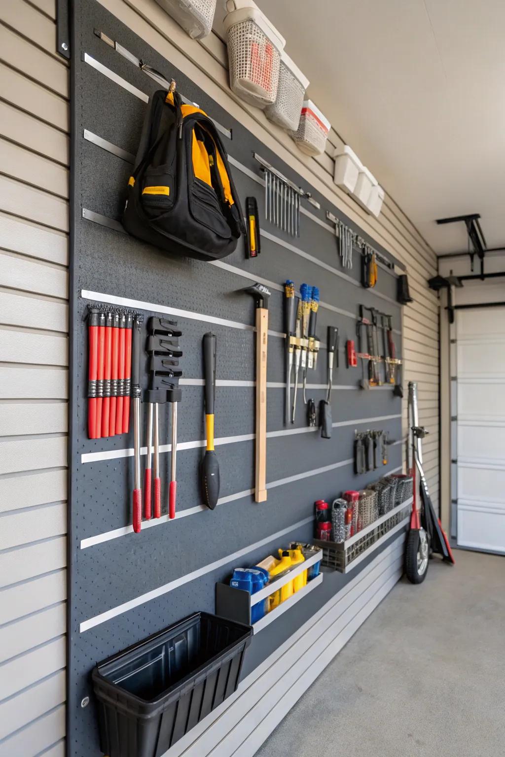 Grooved panels present a tidy and flexible storage approach.