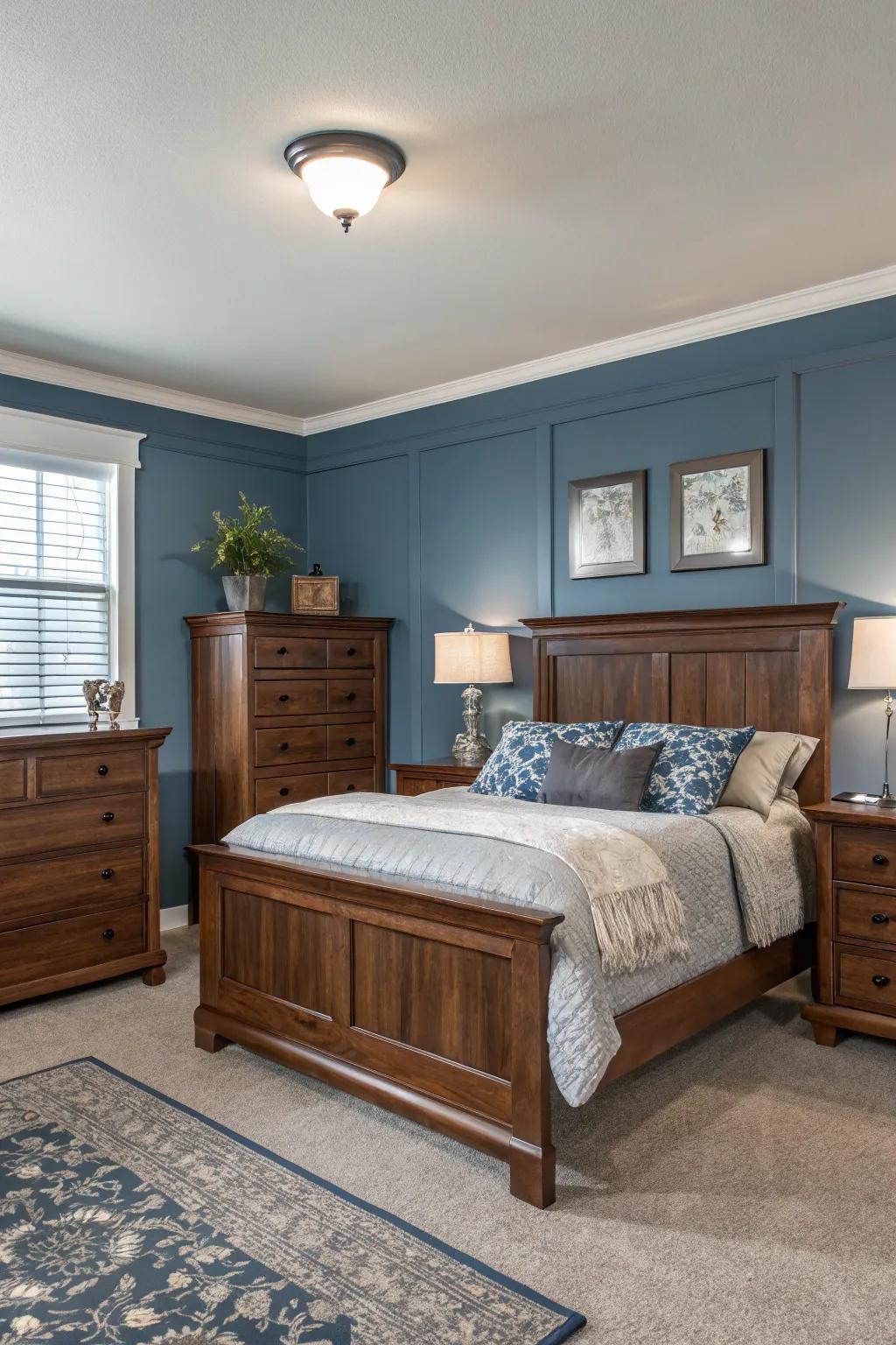 Mahogany bedroom set beautifully contrasted against soothing gray and blue wall coloring.