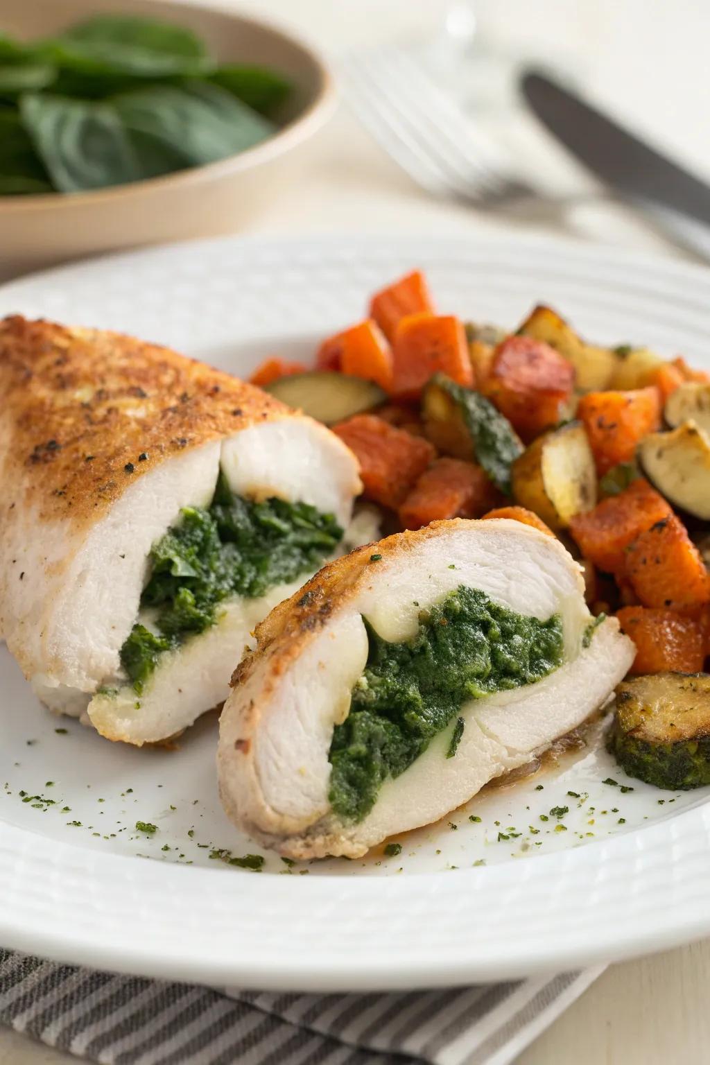 Spinach-wrapped chicken treasures, a culinary surprise to savor.