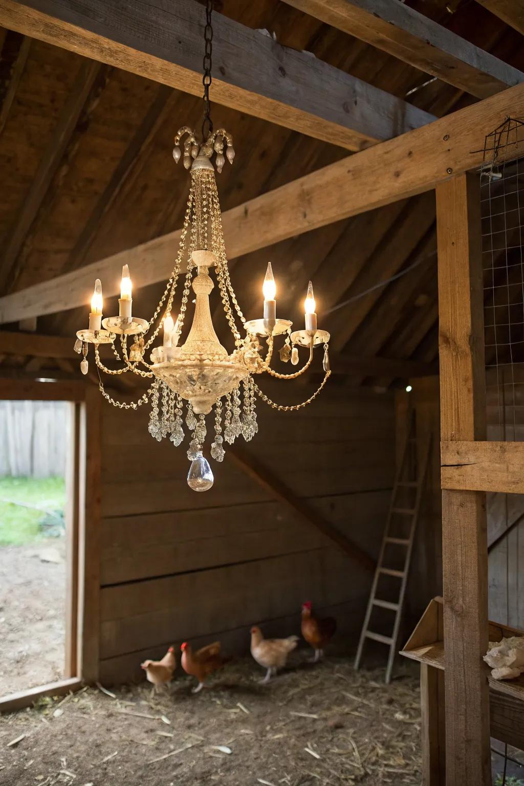 A hanging light brings a dash of charm and elegance to the hen house.