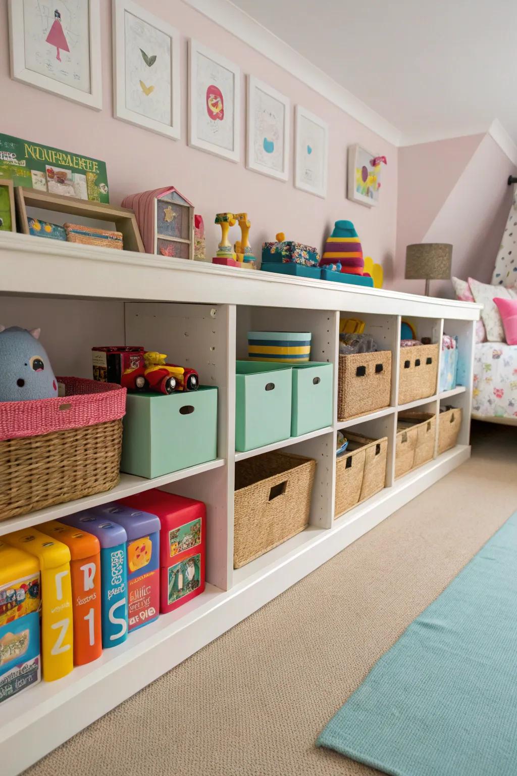 Under-bed shelves provide hidden storage options.
