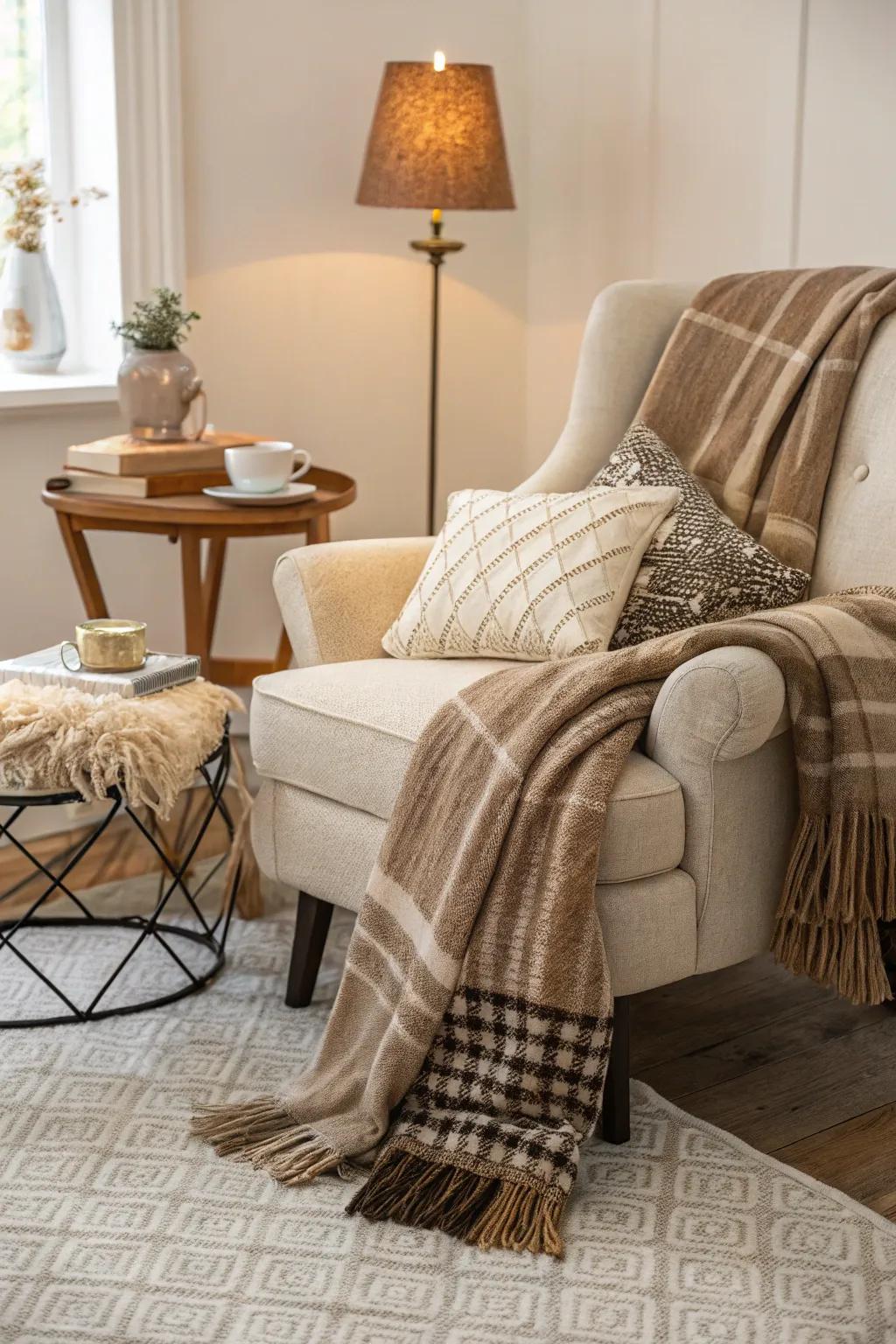 A cozy seating space with attractive throws and blankets.