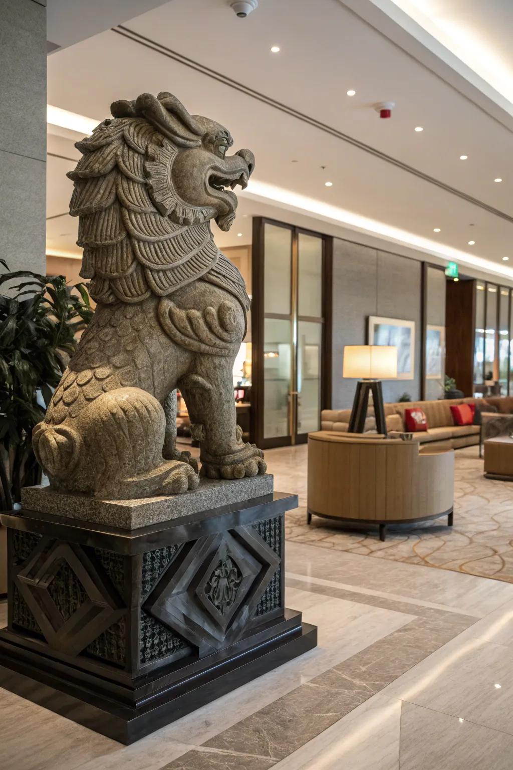 An impressive Asian-inspired sculpture serving as a main attraction in the entrance hall.