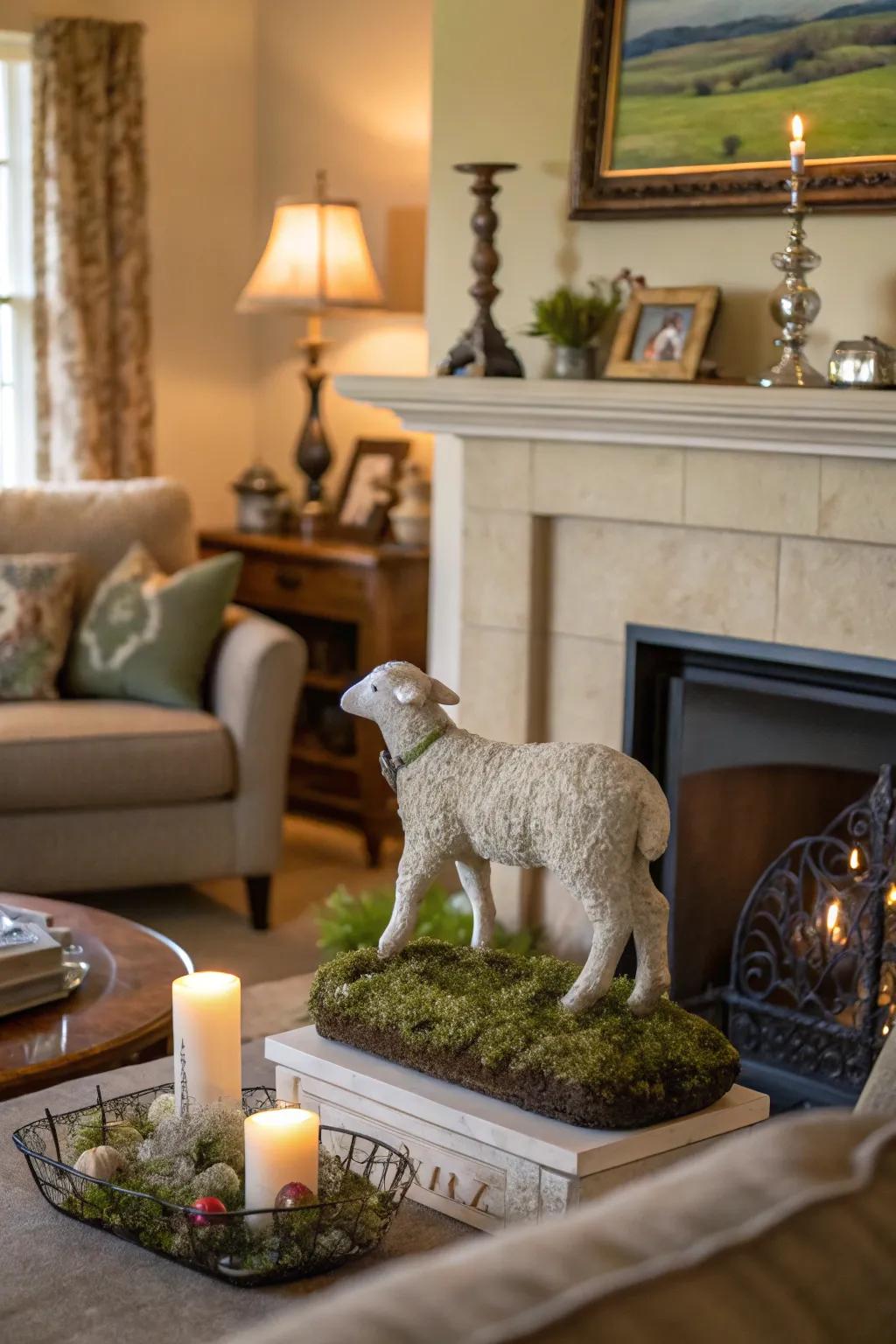 A lamb in a pasture figure enhances your fireplace with a peaceful aura.