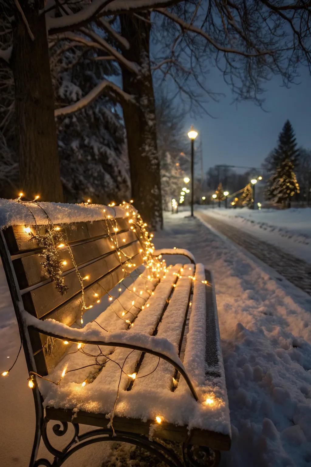 Tiny lights bring a magical glow to your bench décor.