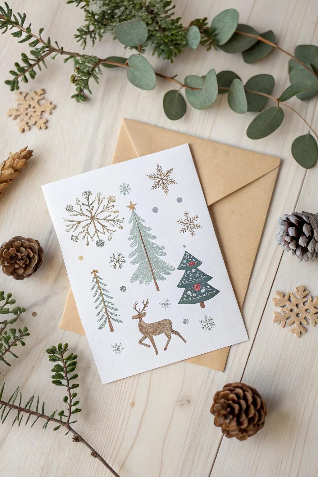 Design your winter wonderland by applying captivating sticker scenes on simple Christmas cards.