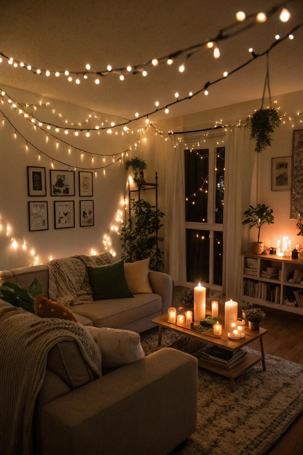 Soft, warm lighting turns a family room into a comfortable Christmas hideaway.