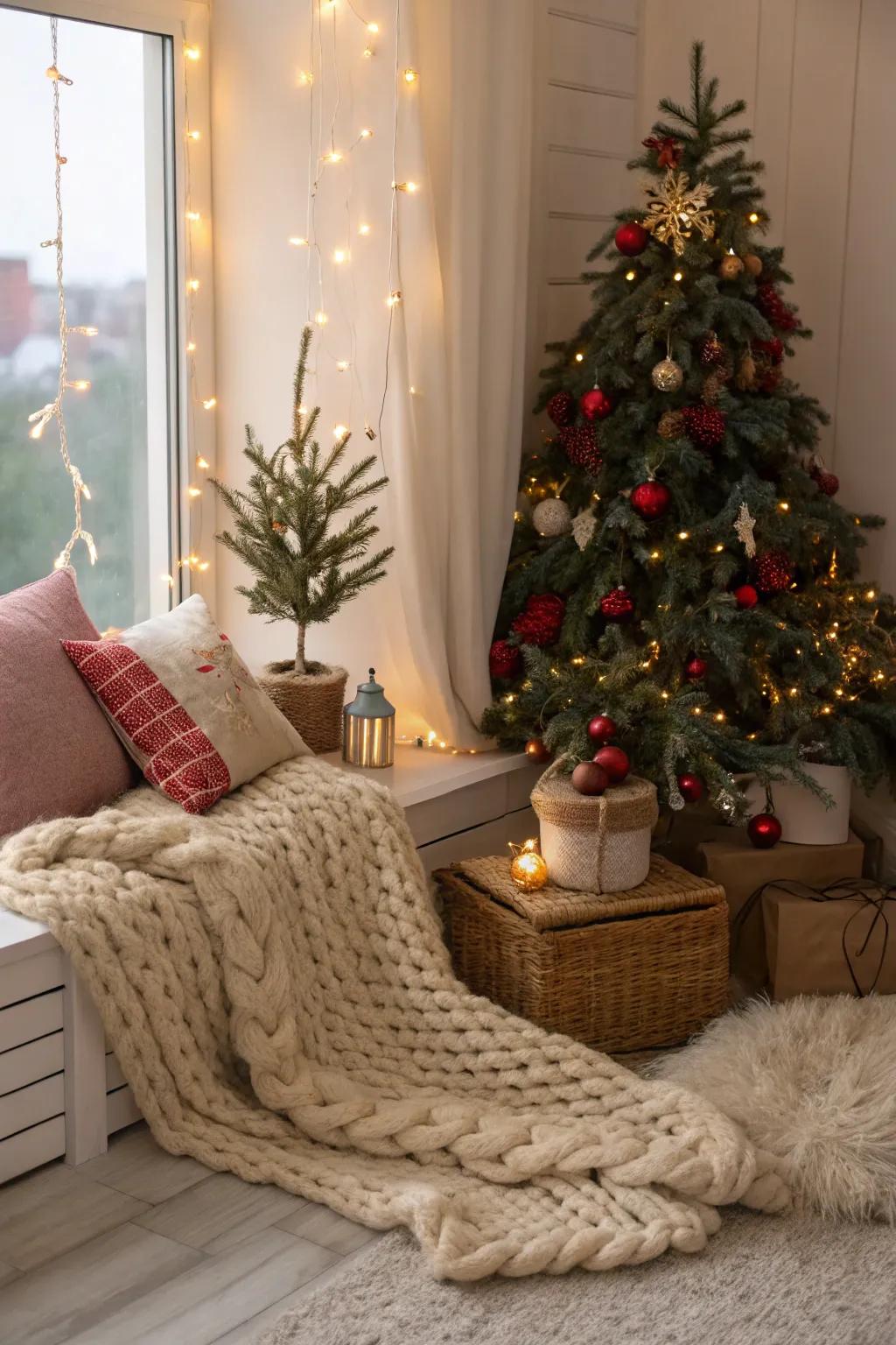 Textiles evoke a cozy ambiance, perfect for festive relaxation.