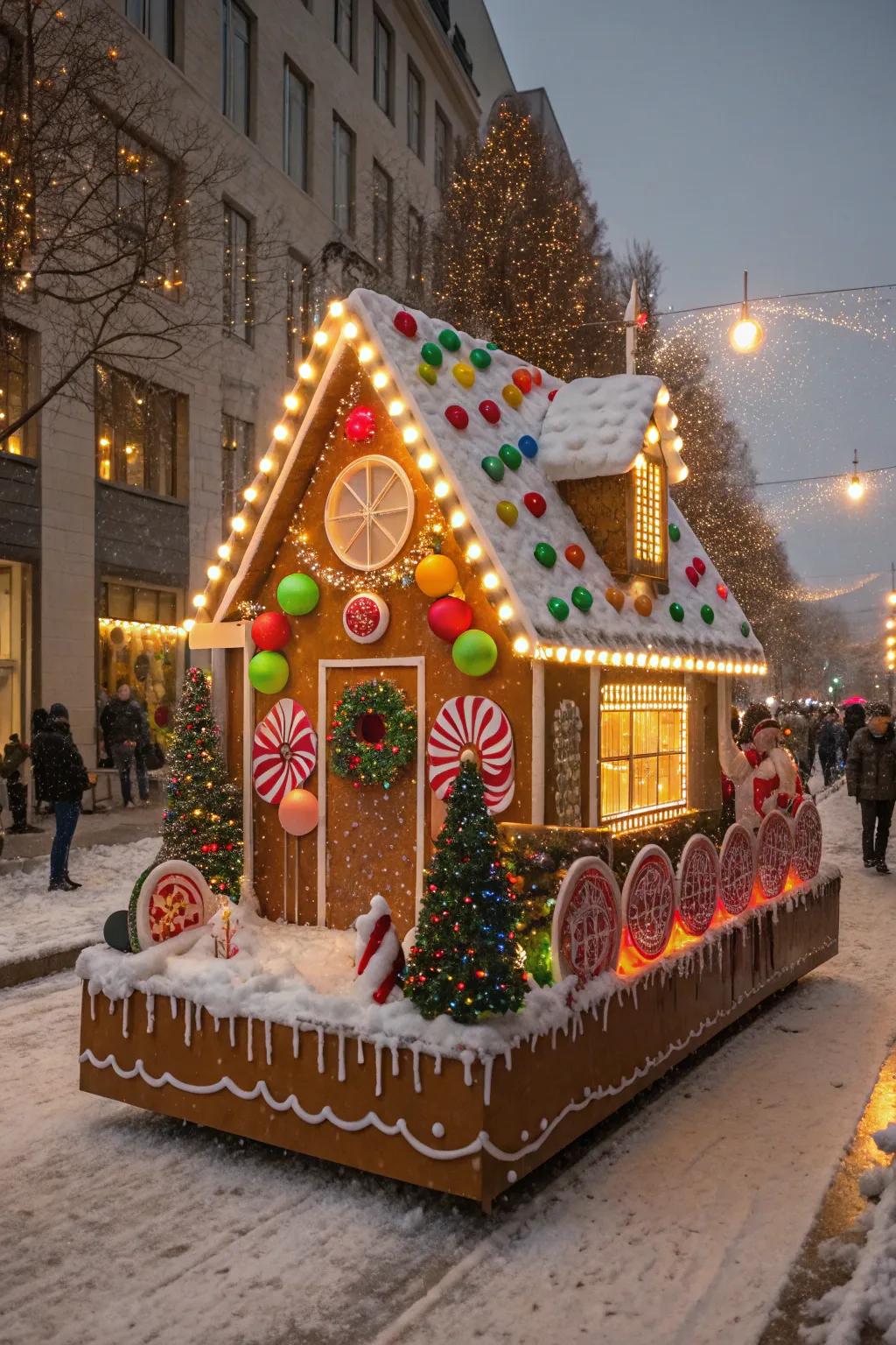 A delightful gingerbread cottage float, abundant through sugary details.